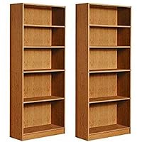 Mylex Five Shelf Bookcase; Three Adjustable Shelves; 11.63 x 29.63 x 71.5 Inches, Oak, Assembly Required (43070), Set of 2 + Cleaning Cloth