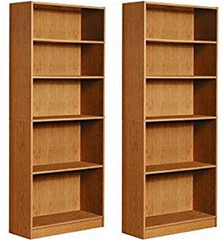 Mylex Five Shelf Bookcase; Three Adjustable Shelves; 11.63 x 29.63 x 71.5 Inches, Oak, Assembly Required (43070), Set of 2 + Cleaning Cloth