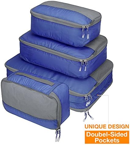 Ultra Lightweight Packing Organizer Packing Cube Set 4pc Double-Sided 5 Pockets, MOOITEK (Blue)
