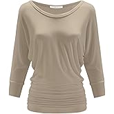 dailcorner Women's Boat Neck/V-Neck 3/4 Sleeve Draped Dolman Top with Side Shirring Premium Shirt(S~3XL)