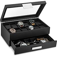 Glenor Co Watch Box with Valet Drawer for Men - 12 Slot Luxury Watch Case Display Organizer, Carbon Fiber Design - Metal Buckle for Mens Jewelry Watches, Men