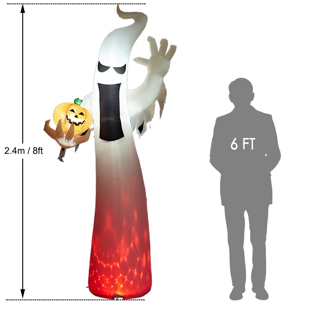 SUPERJARE 8 Ft Halloween Inflatable Ghost, Blow up Flashing Flame Decoration with LED Light, Indoor & Outdoor, Yard & Lawn Decor