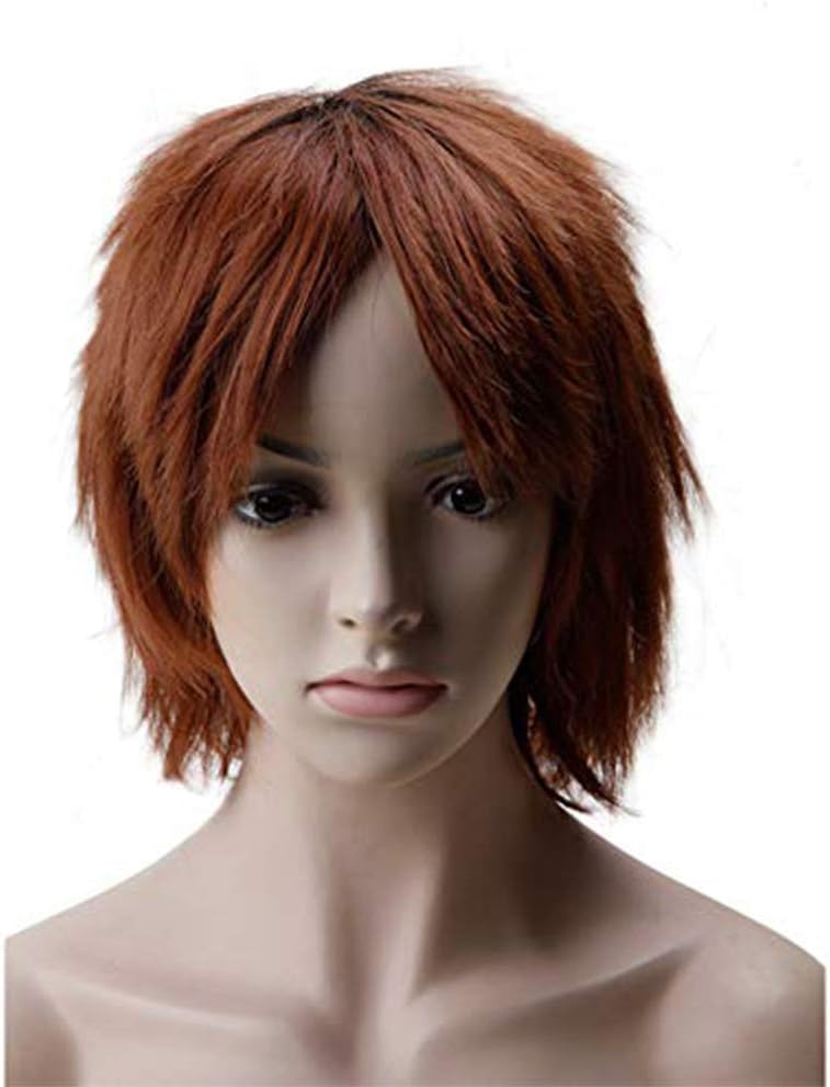 Anime Cosplay Wig Unisex Short Ombre Wigs with Oblique Bangs Straight Fluffy Hair with Volume Up Hair Tail Heat Resistant Synthetic Fiber- Black to Brown