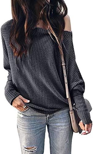 Okvpajdo Women's Off Shoulder Waffle Knit Long Sleeve Loose Pullover Tunic Tops Shirts Sweatshirt