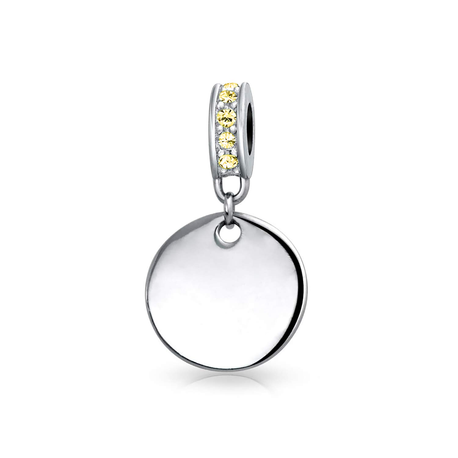 Personalized Engravable Initial Monogram Simulated Yellow Topaz Crystal Accent Bale Round Circle Disc Shape Dangle Bead Charm .925 Sterling Silver For Women Teen European Bracelet Customizable