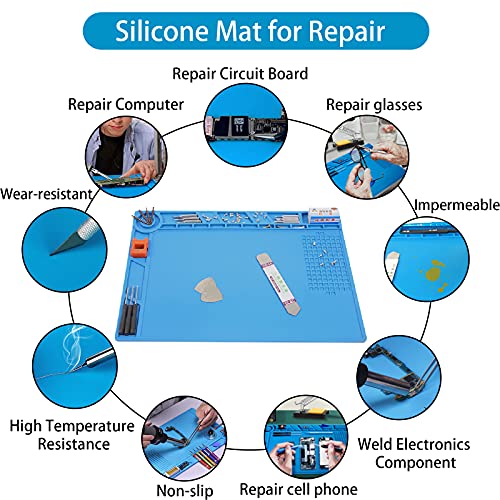 Royace Soldering Mat,Silicone Soldering Mat Magnetic Mat Work Mat Repair Mat Souldering Station Hobby Organizer for Electronic,Heat Resistant Pad 932°F for Soldering Station Iron 13.8 x 9.8(in)