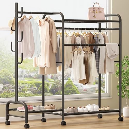 Clothes Hanger Stand with Shelves, Garment Rack, Free Standing Metal Clothing Hanging Rack, Single Rail, Wardrobe Top&Bottom Storage Shelf, Shoes Handbags Baskets, Bedroom Garment Organizer (A-Black)