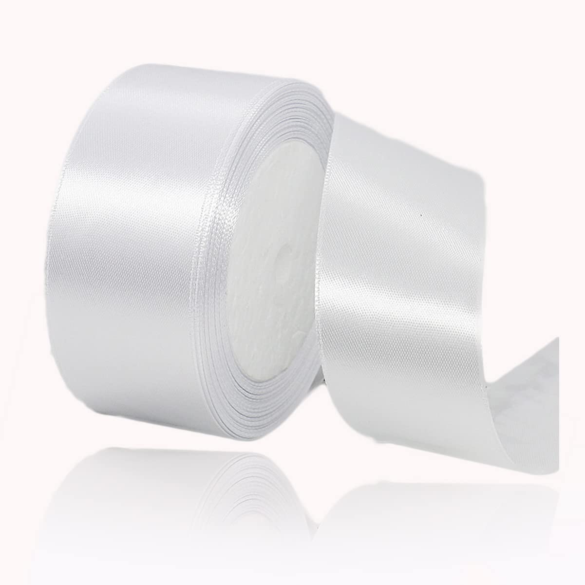 White Ribbon 40mm, 23 Meters Satin Fabric Present Ribbon for Crafting, Gift Wrapping, Balloons, Floral Bouquet, Cake Decoration, Hair Bows, Sewing, Baby Shower and Wedding Party — image 1