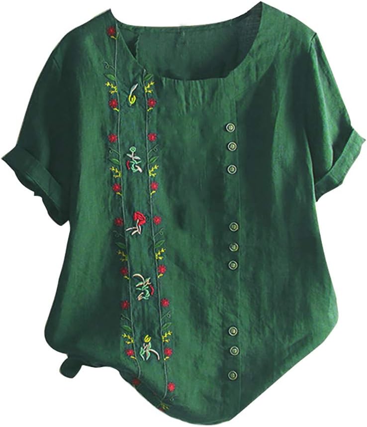 Floral Embroidered Shirt, QIQIU Womens Summer Fashion Bohemian Short Sleeve Linen O-Neck Plus Size Loose Tank Tops