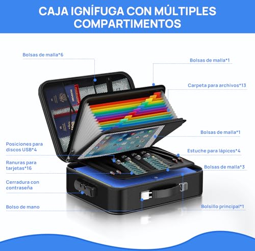 Caja Ignífuga para Documentos, Organizador de Archivos Ignífugo de Carcasa Dura con Cerradura y Carpeta Acordeón con13Bolsillos, Caja Fuerte Portátil para Hogar, Oficina y Viajes Negro
