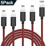 WUXIAN USB Type C Cable 5-Pack(3/3/6/610ft) USB C Cable Nylon Braided Long Cord USB Type A to C Fast Charger for Macbook, LG G6 V20 G5,Google Pixel, Nexus 6P 5X, Samsung Galaxy S8+(Black&amp;Red)