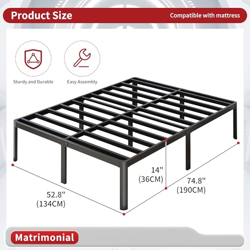 Yicensen Base Cama Matrimonial de 36 cm de Altura, Metal Camas Matrimonial con Patas Redondeadas de Esquina, Plataforma Resistente Cama Muy Resistente Fácil Montaje, Sin Ruido, Negro
