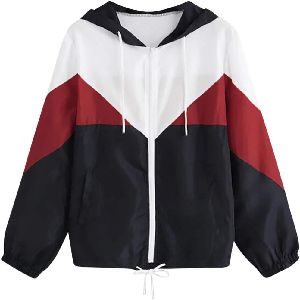 Easong Women's Casual Color Block Drawstring Hooded Windbreaker Jacket Zip Up Lightweight Rain Jacket Hooded Windbreaker Sports Jacket Windproof Windbreaker