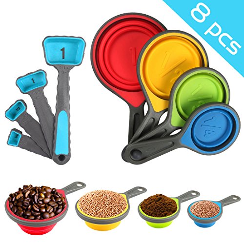 Nlife 8pcs Collapsible Silicone Measuring Cups Measuring Spoons Perfect for Pet Food, Coffee, Supplements, Flour, Grains, Lentils, Spices, Honey, and Liquids