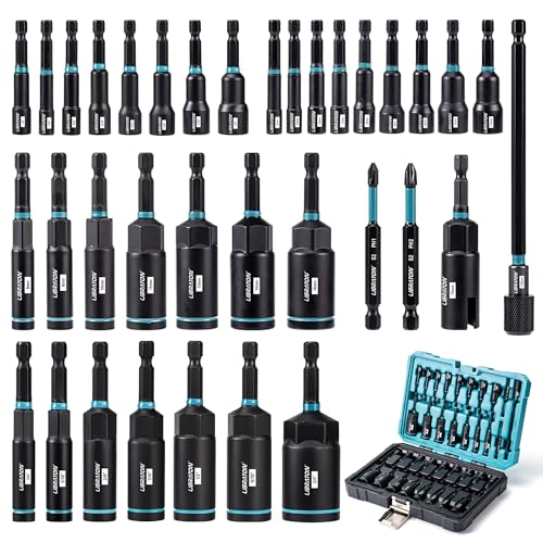 LIBRATON Magnetic Nut Driver Set, 35PCs Impact Driver Bit Set, Deep Nut Driver Set, Metric & SAE Nut Driver for Impact Drill, Wing Nut Driver, Quick-release Bit Holder, Drill Bit PH1 PH2, with Toolbox