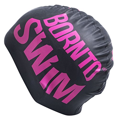 Boron NTO Silicone Swim Swimming Cap For Adults, Men, Women, Teens and Kids Bathing Hat with Shark Motive, Unisex, Schwimmkappe aus Silikon für Kinder, Damen, Herren, black/pink