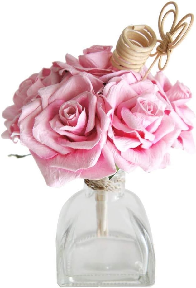 Plawanature Romantic Sweet Pink Rose Mulberry Paper Flower Bouquet with Reed Diffuser for Home Fragrance (Bundle of of 7 Roses).