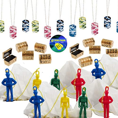 Video Game Party Favors for 12 - Paratroopers 3 Inch (12), Camo Dog Tag Chains (12), Mini Treasure Chests (12), and Gamer Party Sticker (Total 37 Pieces)