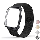 REYUIK Compatible with Versa Bands with Frame,Stainless Steel Mesh Breathable Metal Wristband with Protective Case Bumper Accessories for Women Men (Black, Small 5.3