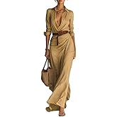 Chvity Womens Button Down Shirt Maxi Dress Lapel Long Sleeve High Slit Pleated Solid Color Flowy Fall Spring Dresses