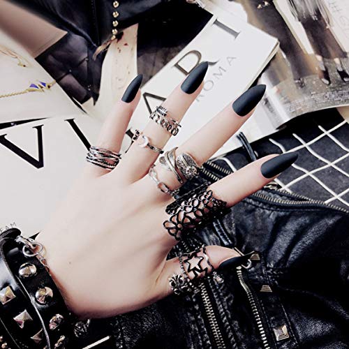 editTime 24PCS Solid Colors Acrylic Stiletto False Nails Full Cover Fake Nails Tips Natural Long Claw Nails (Matte black)