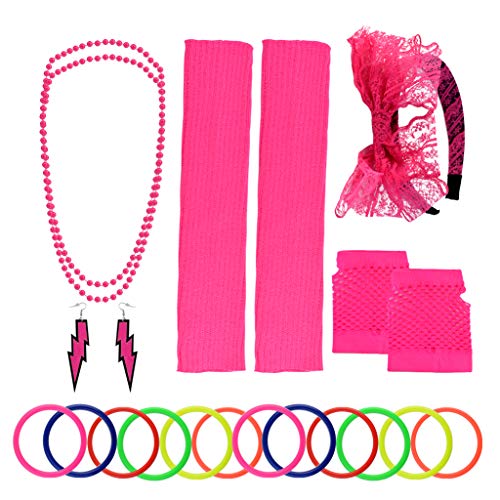 Yolyoo 80s Women's Costume Accessories Set Headband Earrings Fishnet Gloves Leg Warmers Necklace Bracelet for Women 80s Party Rose Red - Thumbnail 7