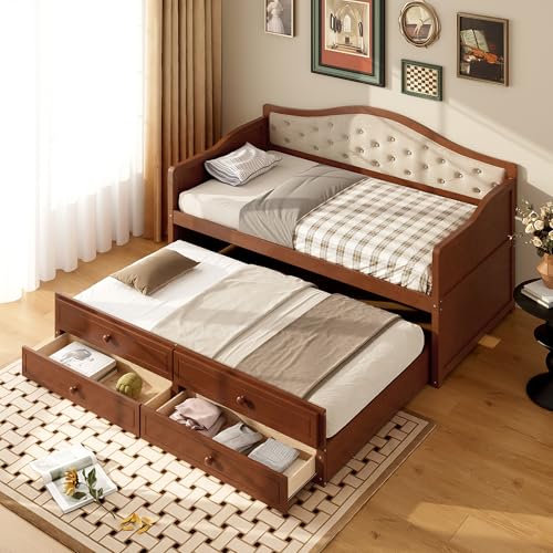 DNYN Wooden Daybed with Pull-Out Trundle and 2 Storage Drawers for Bedroom/Gues…
