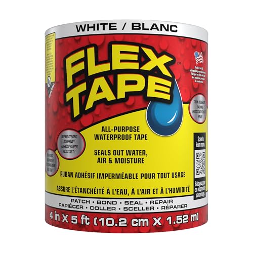 Flex Tape - Super Strong Waterproof Tape Works Underwater; Patch & Seal Indoor & Outdoor Projects; Instantly Stop Leaks with its Flexible, Thick Rubberized Adhesive Backing; Great for Home Repairs, Plumbing, Outdoor Gear, Marine & Water Sports, DIY Projects, Automotive Fixes, & More, WHITE, 4 in x 5 ft (10.2 cm x 1.52 m)
