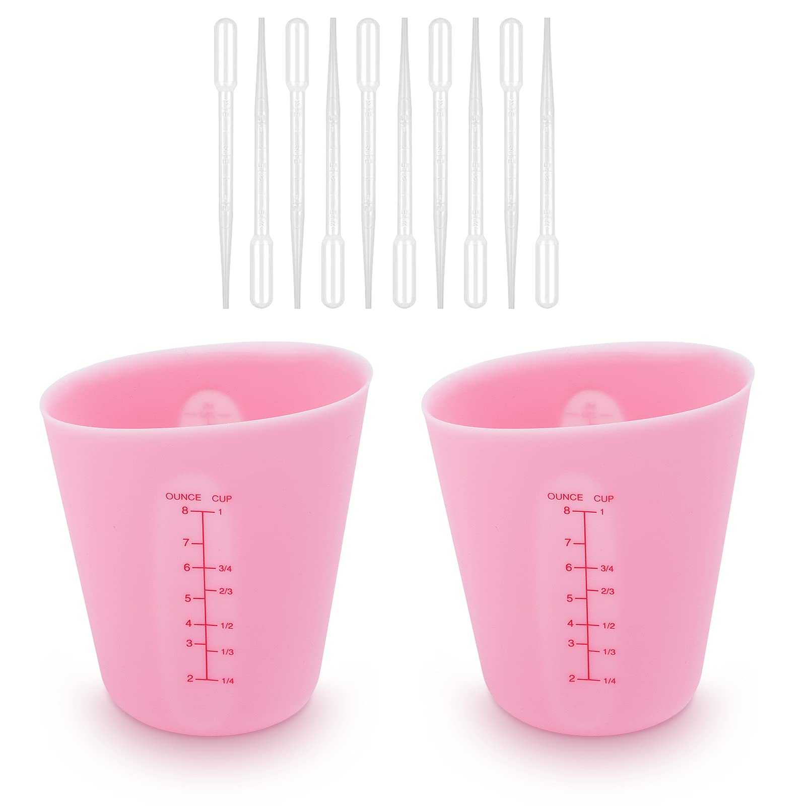 JHSJ 2 PCS Silicone Measuring Cups Jugs, 250ml Non Stick Mixing Cups Precise Scale Clear Graduated Cups with Plastic Dropper for Epoxy Resin Casting Molds, Kitchen Cooking Baking (Pink)