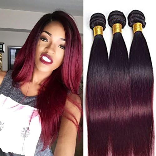 Shireen Brazilian Ombre Hair 3 Bundles 100g One Bundle Ombre Burgundy Hair Extensions Black To Red Straight Weave Brazilian Hair 3 Bundles Straight Two Tone Red Hair Bundles (12 14 16, 1B99J)