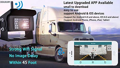 Wireless Backup Camera for RV, Camper, Trailer, Truck, Motor Home and More Douxury Upgraded Night Vision Wide View Angle Waterproof WIFI Rear View Camera with APP for IOS, Android Phone,Pad, Tablet
