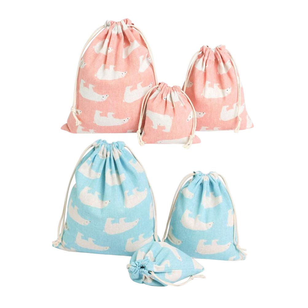 Minkissy Drawstring Storage Bags Cute Bear Pattern Cotton Linen Pouches Travel Organizer for Home Outdoor Sports Clothes 6pcs