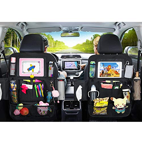 Car Backseat Organizer-2 Pack Universal Car Seat Back Protectors Kick Mats with 12 Storage Pockets, Car seat Organizer for Kids Baby Toy Tissue Bottle Vehicle Travel Accessories + 2 Car Headrest Hook