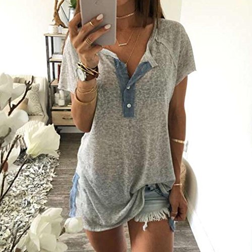 YANG-YI Women Loose Casual Button Blouse Short SleeveT-Shirt Tops (L) - Thumbnail 3