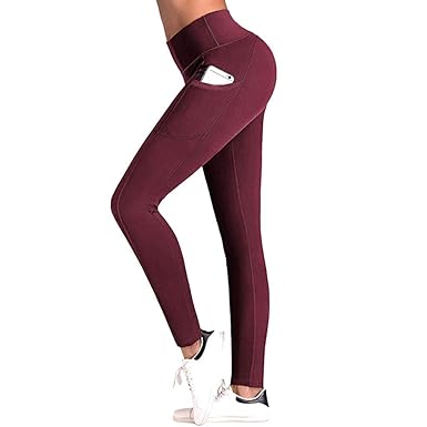 TianWlio Leggings Damen Frauen Hohe Taillen Yoga Hosen Taschen Bauch Trainings Laufende Sport Gamaschen rot XS-XXL