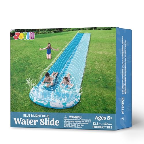 JOYIN 32.5ft/999cm Water Slide with 2 Inflatable Boards, Extra Long Heavy Duty Double Slide with Sprinkler, Summer Toy for Kids and Adults, Blue, Light Blue