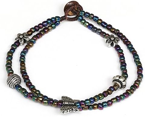 Idin Fashion Anklet - Handmade double-strand blue seed bead with butterfly and flower charm wax cord anklet (approx. 9.5")