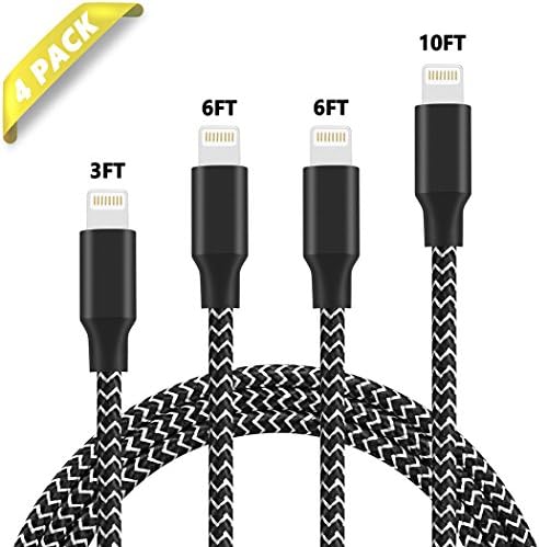 HokoAcc iPhone Charger Lightning Cable 4 Pack 3Ft 6Ft 6Ft 10Ft Nylon Braided 8 Pin Lightning To USB Charger Cord for iPhone X iPhone 8 8 Plus 7 7 Plus 6s 6s Plus 6 6 Plus iPad iPod Nano (Black)