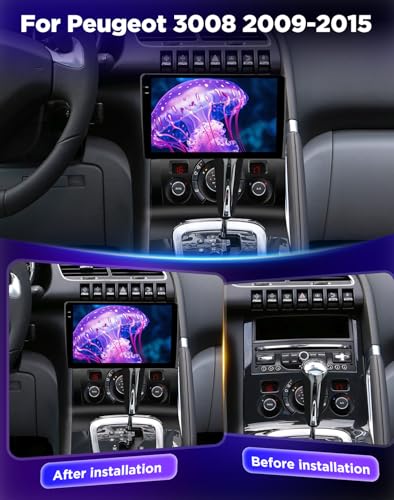NHOPEEW 4+128G Android Car Radio for Peugeot 3008 2009-2015 with Wireless Carplay and Android Auto – 9 Inch Screen Supports WiFi GPS Steering Wheel Controls + Rear View Camera, Canbus