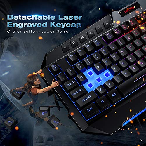 PICTEK Backlit Keyboard and Mouse Combo, LED Wired Gaming Keyboard, Ergonomic Keyboard, Wrist Rest Keyboard with Efficient Multimedia Keys, Programmable Gaming Mouse for Mac, PC, Laptop Gamers - Black
