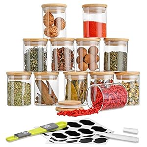 SAWAKE Glass Storage Jars with Bamboo Lids Silicone Ring Set of 12 (250ml) Small AirTight Kitchen Canister Jar Storage Container with Measuring Spoon for Spice Sugar Tea Coffee Beans Nuts Herbs Grains