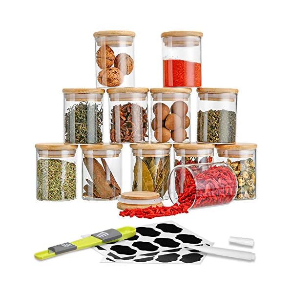 SAWAKE Glass Storage Jars with Bamboo Lids Silicone Ring Set of 12 (250ml) Small AirTight Kitchen Canister Jar Storage Container with Measuring Spoon for Spice Sugar Tea Coffee Beans Nuts Herbs Grains