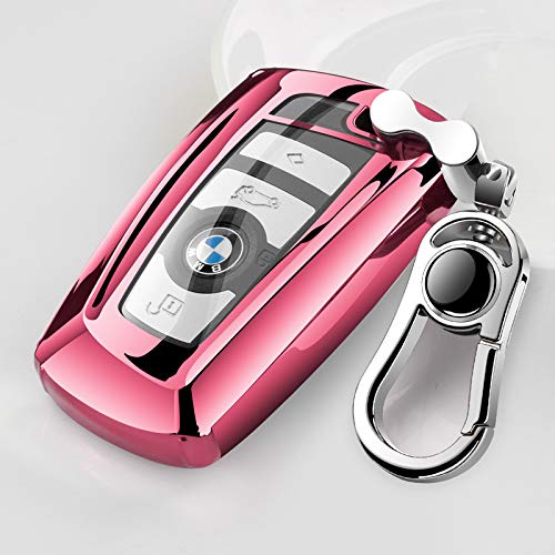 Tpu Silicone Full Protective Car Key Fob Cover for BMW，3 Buttons Remote Control Smart Key Case with Leather Keychain, Compatible with BMW 1/3/4/5/6/7 Series and X3/X4/M5/M6/GT3/GT5,etc.-Pink