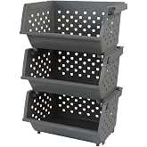 Begale 3-Pack Gray Plastic Stackable Detachable Storage Bin | Organizer Stacking Basket, Stackable Structure, Sloped Open Front, Convenient Side Handles, for Household Grocery Organizing
