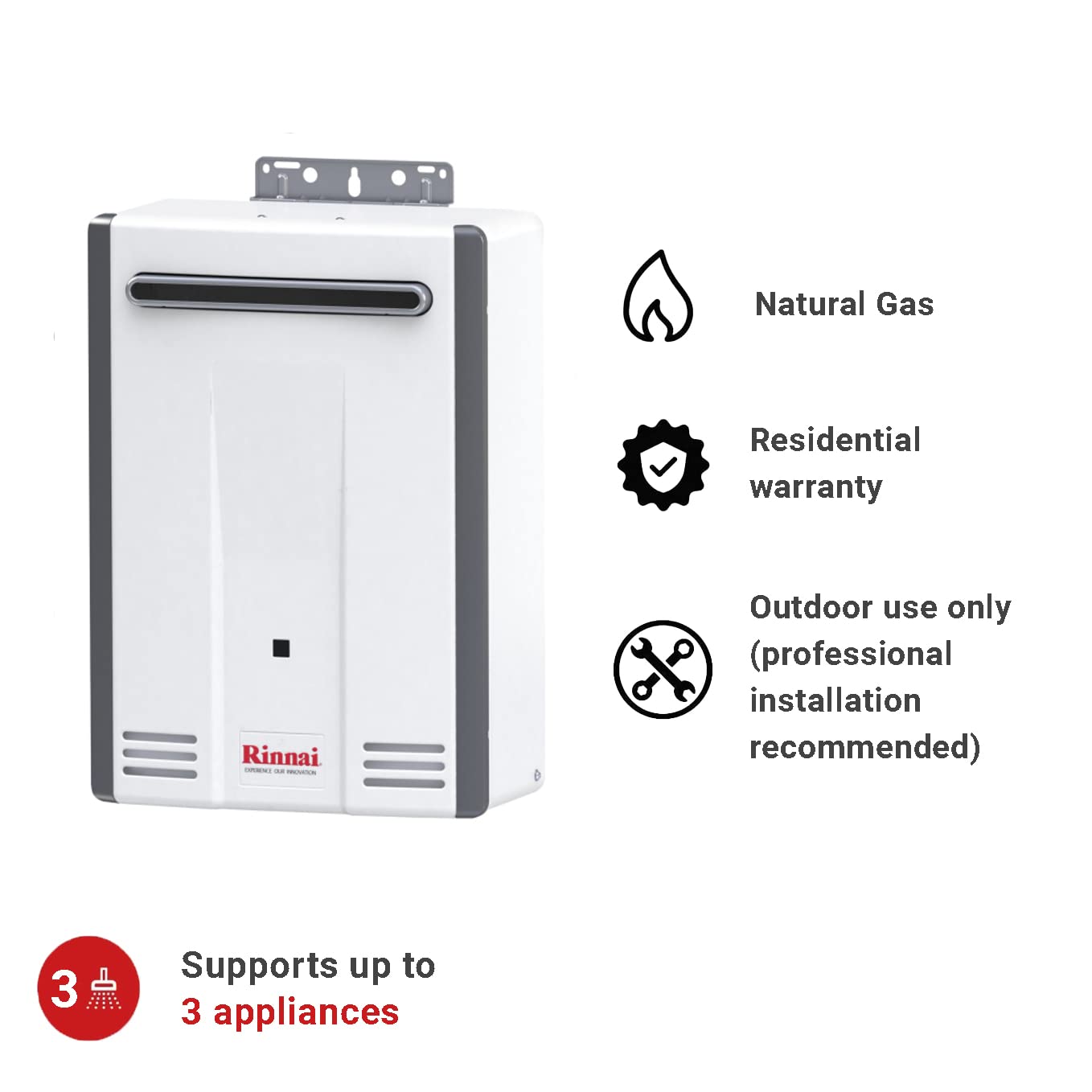 Rinnai V53DeN Tankless Hot Water Heater, 5.3 GPM, Natural Gas, Outdoor