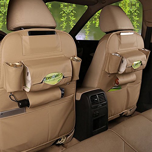 2 PACK PU Leather Car Backseat Organizer For iPad and Tablet ( Beige )
