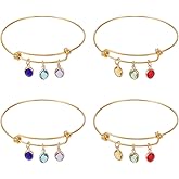 UNICRAFTALE 4Pcs 2 Styles Geominimalist Birthstone Bracelet 304 Stainless Steel Charm Bangles for Women Golden Birthstone Bangle with Glass Pendants for Birthday Jewelry Gift