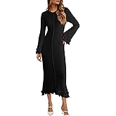 Saodimallsu Womens Bell Long Sleeve Knit Dress Ruffle Bodycon Ribbed Cocktail Party Crew Neck Midi Sweater Dresses