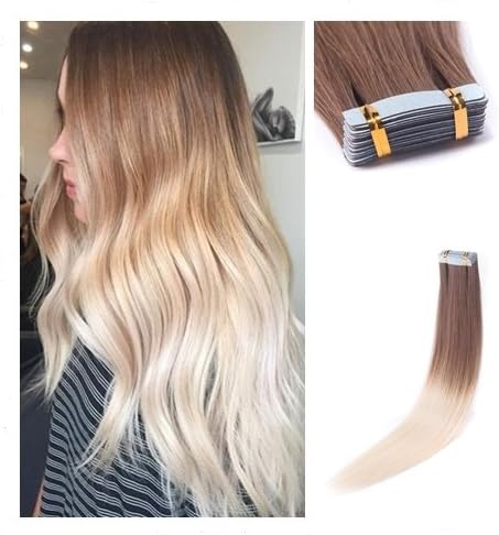 Rinboool Brown To Blonde Ombre Tape In Hair Extensions, 100% Real Natural Virgin Remy Human Hair, 14 Inch 40 Gram 20 Pcs, Roots Light Brown Fading To Platinum Blonde #10/60