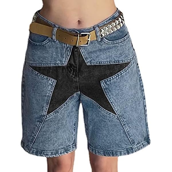 Vamtac Mens Patchwork Denim Shorts Straight Leg Star Jeans